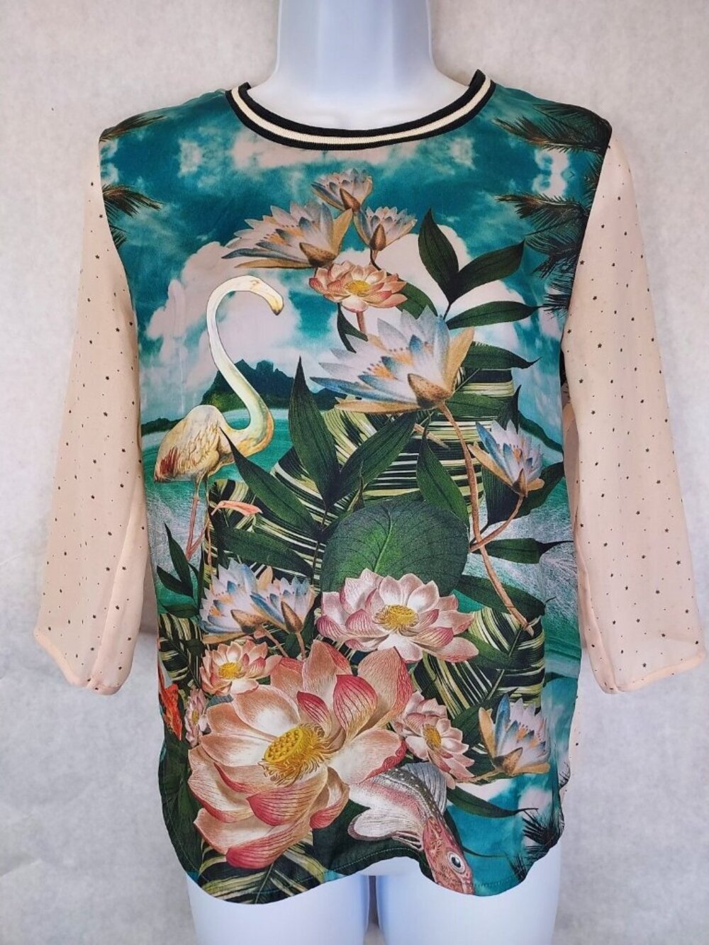 SCOTCH & SODA Maison Flamingo Print Sheer Top Women's S Fairy Artsy Coastal Boho